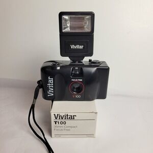 Vivitar T100 35mm Camera Black Focus Free with Flash Point-and-Shoot